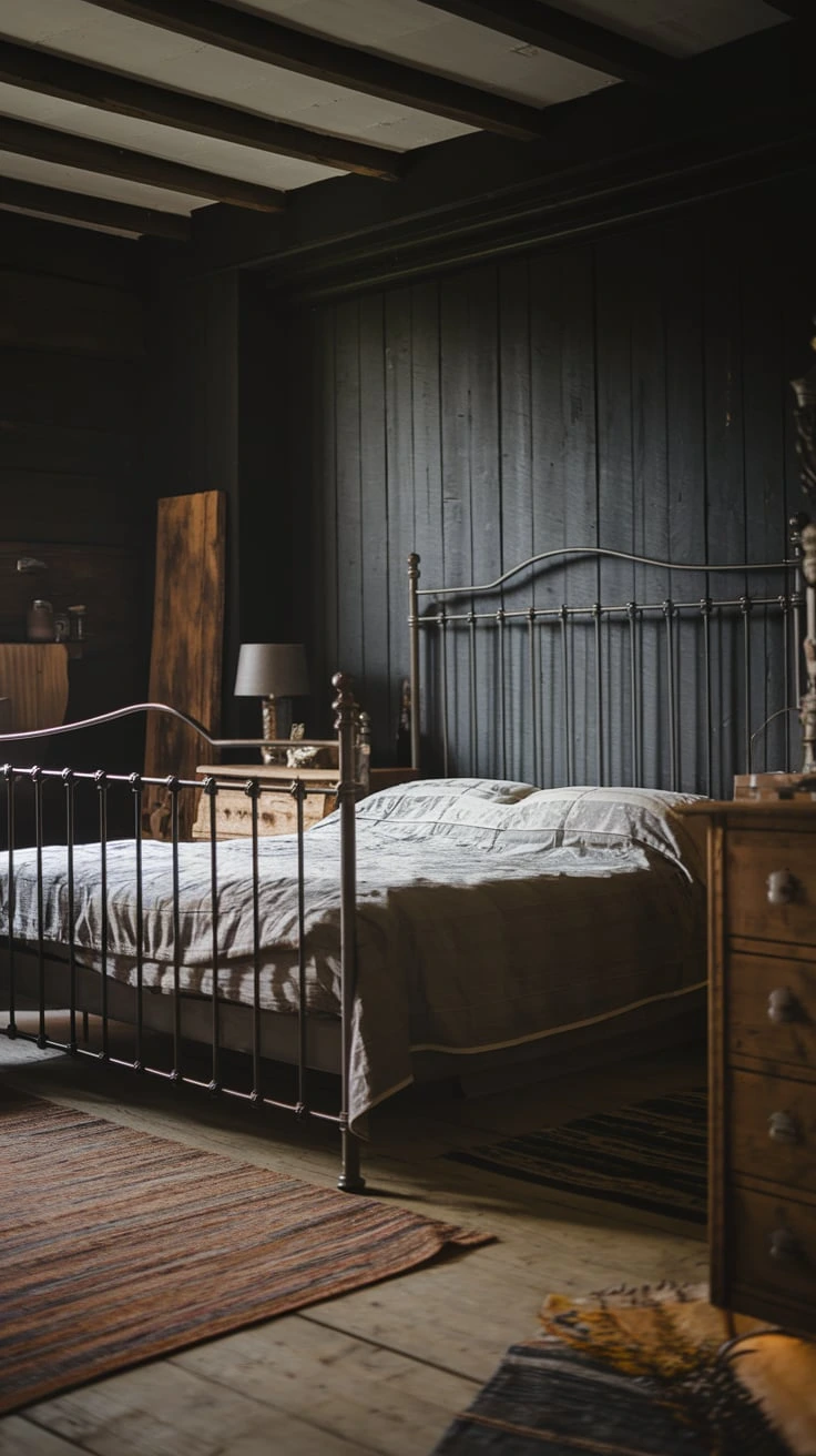 Rustic bedroom with wrought iron bed frame, exposed brick walls, vintage decor, cozy bedding, industrial lighting, textured surfaces, warm tones, farmhouse style, intimate setting, contrast elements