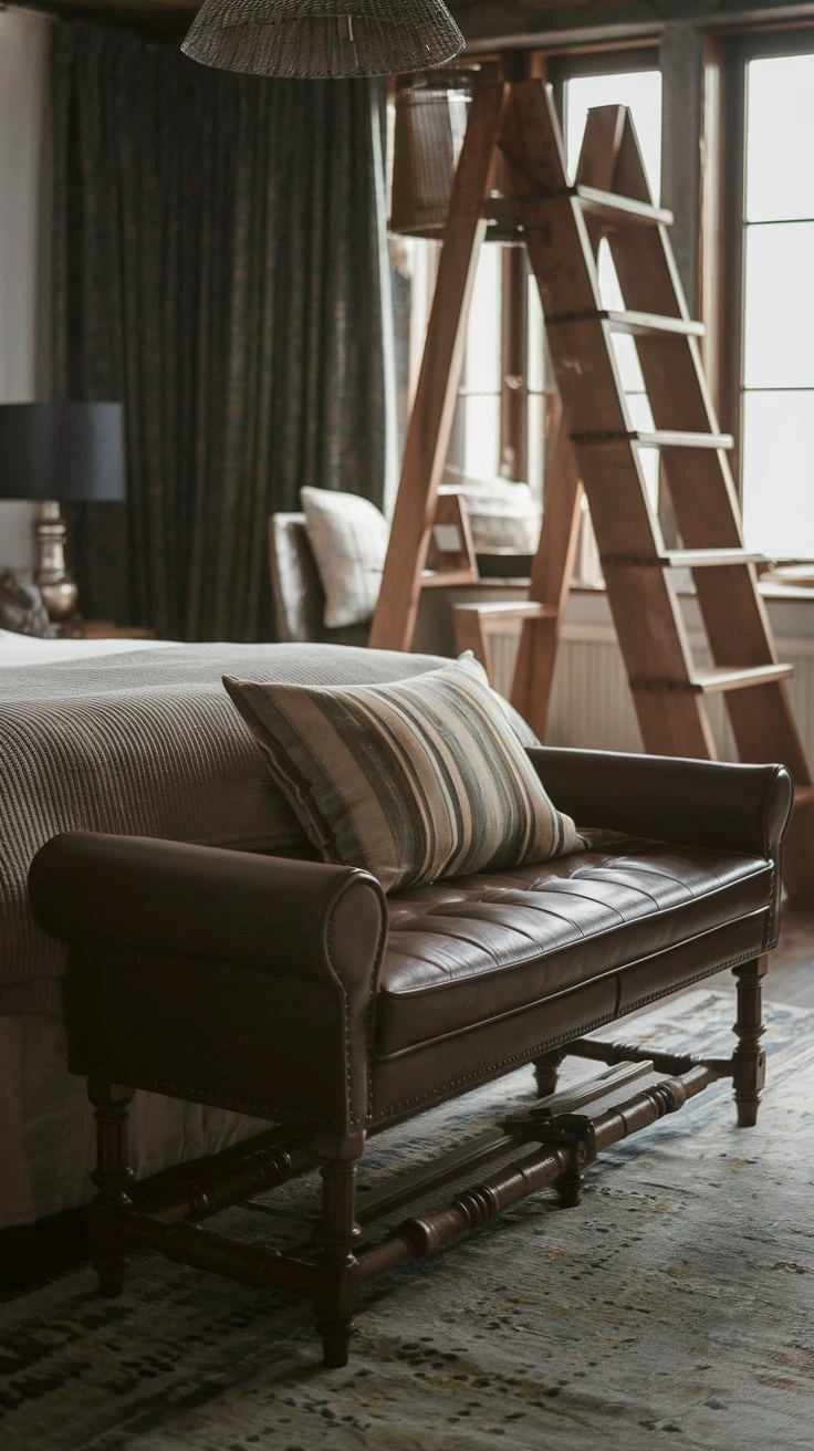 Dark rustic bedroom with leather bench, wooden furniture, cozy textures, warm tones, vintage decor, intimate lighting, farmhouse charm, contrast elements, moody atmosphere, functional design