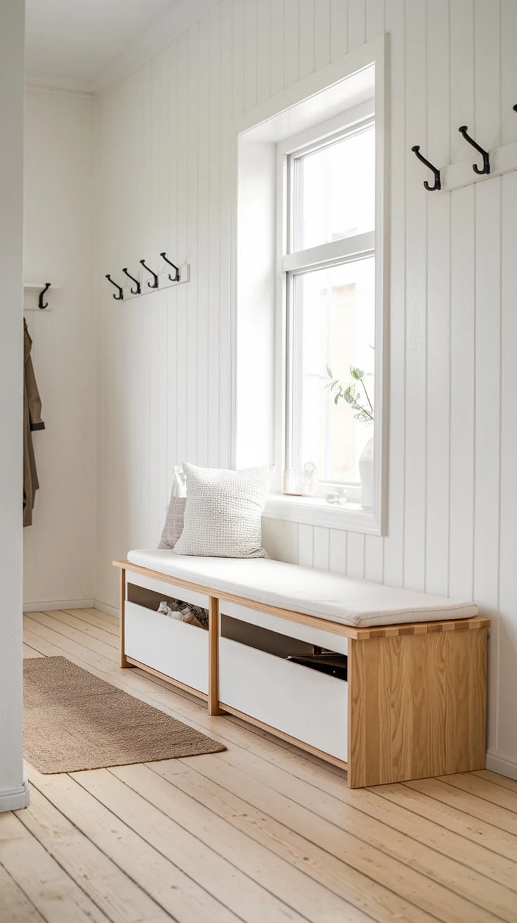 Multifunctional hallway bench, hidden storage solution, Scandinavian furniture design, seating with organization, Nordic entryway ideas, minimalist shoe storage