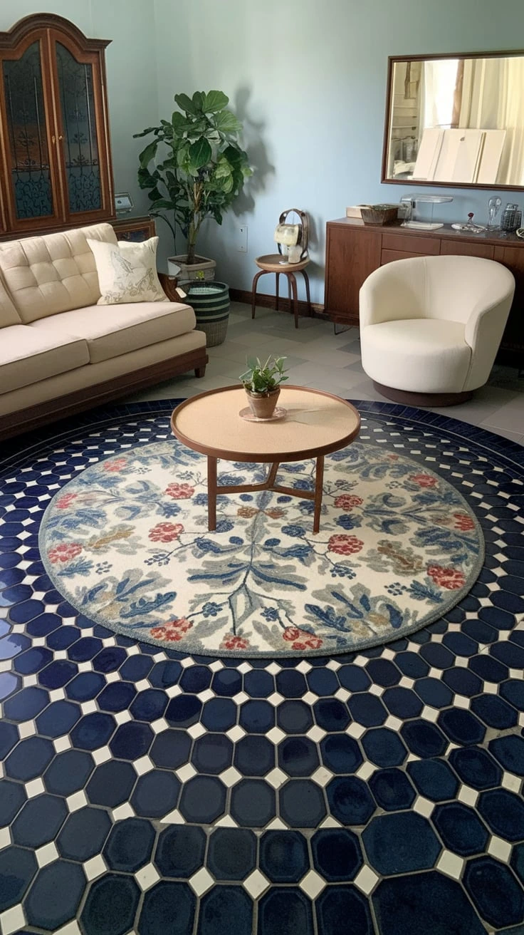 Mosaic floor design, tile rug patterns, permanent area rugs, custom flooring, intricate tilework, artistic floors, furniture anchoring, luxurious interiors, bespoke patterns