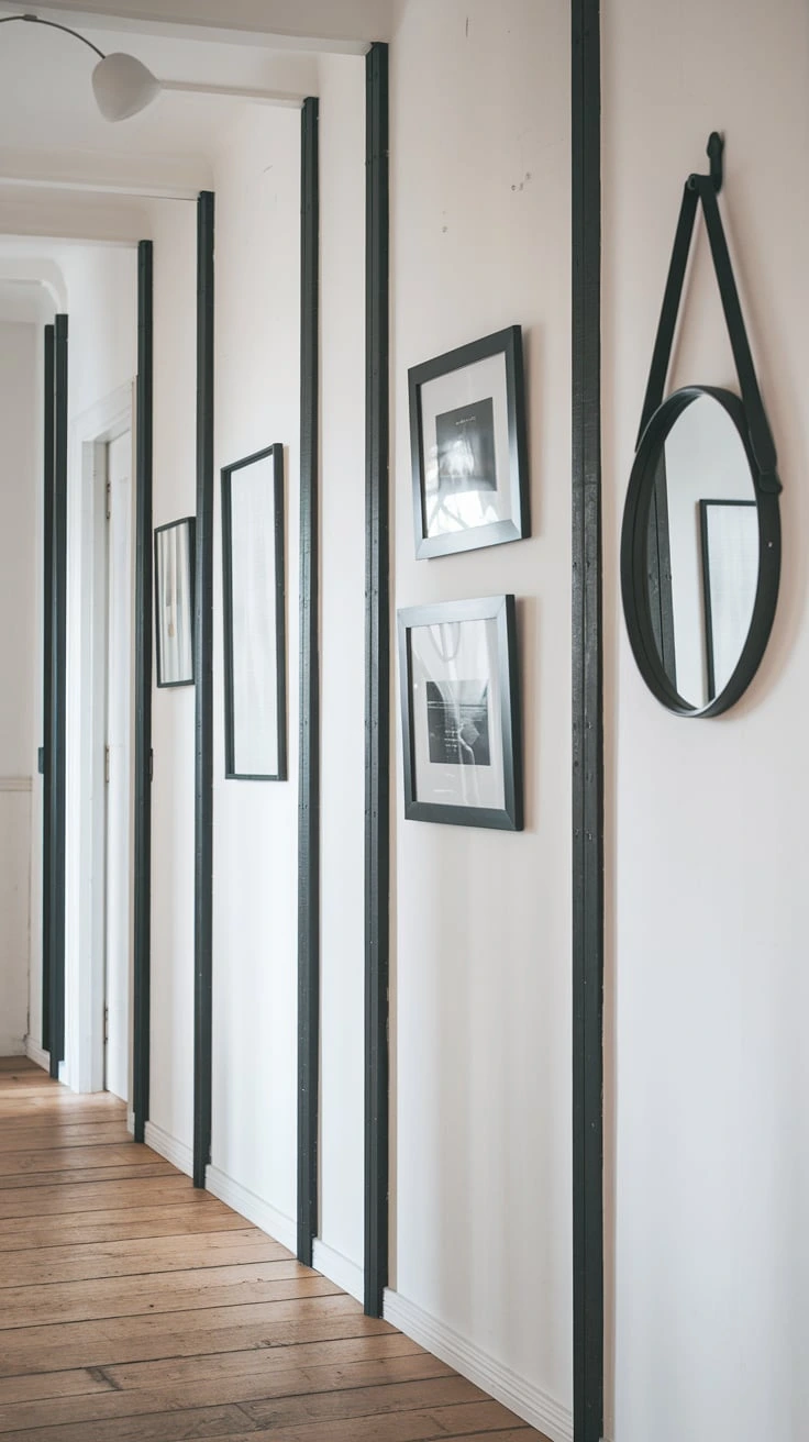 Contrasting black accents, Scandinavian color pop, Nordic design elements, minimalist dark details, modern hallway touches, sleek black fixtures, monochrome decor