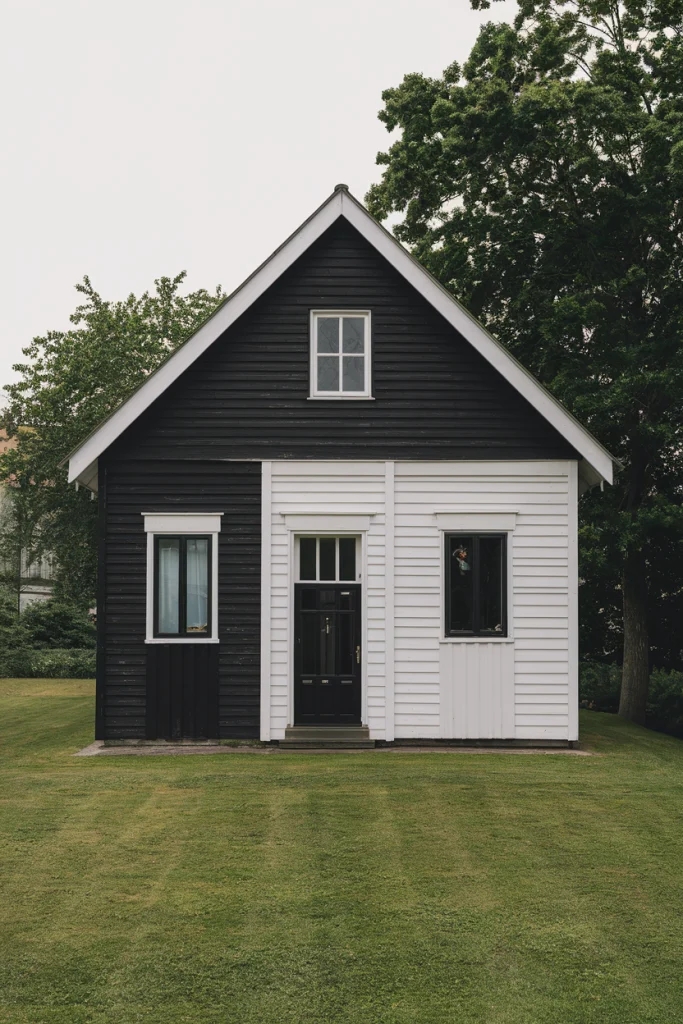 Black and white houses, contrasting, bold, graphic, classic, crisp, clean, striking, timeless, dramatic