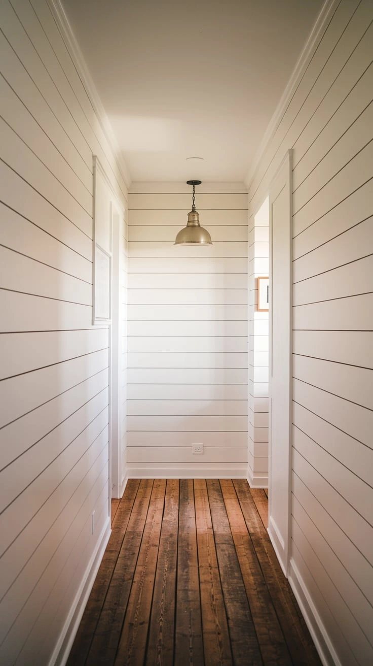 Board and batten wall treatment, farmhouse wall paneling, textured hallway design, classic country style