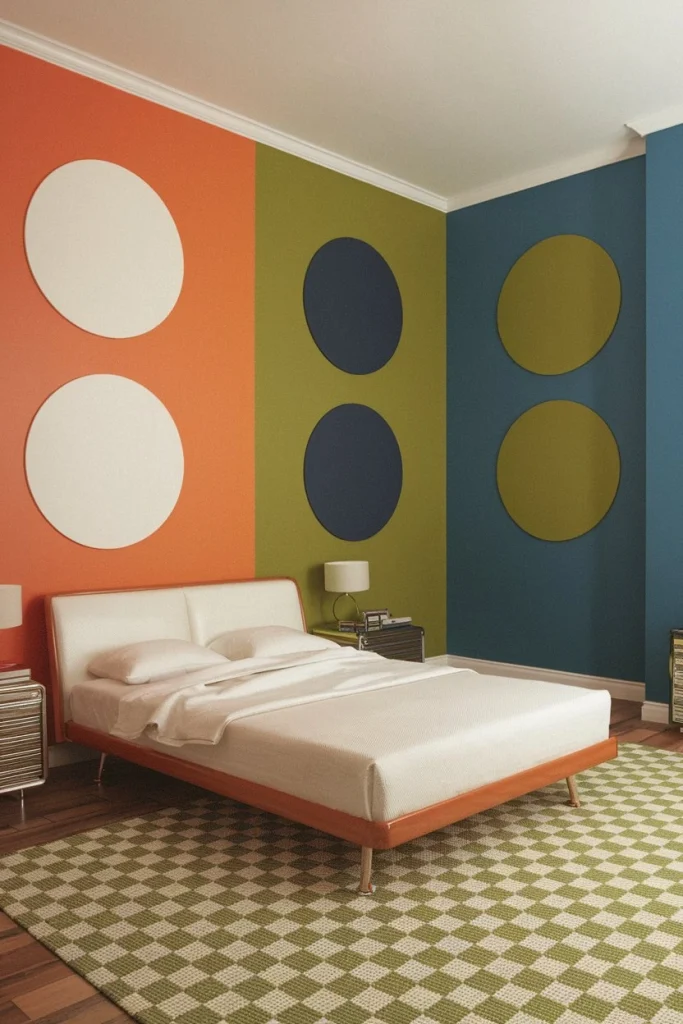 Color block walls, retro paint scheme, vibrant interior, 60s inspired, geometric design, bold room colors, vintage color palette, eye-catching decor, mod style, energetic ambiance