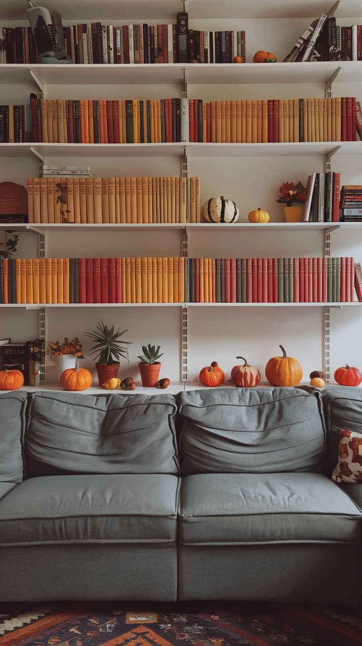 Grey couch with fall-themed bookshelf, autumn literary decor, seasonal displays, cozy reading nook, living room style, book arrangements, decorative objects, warm colors, inviting space, personal touches