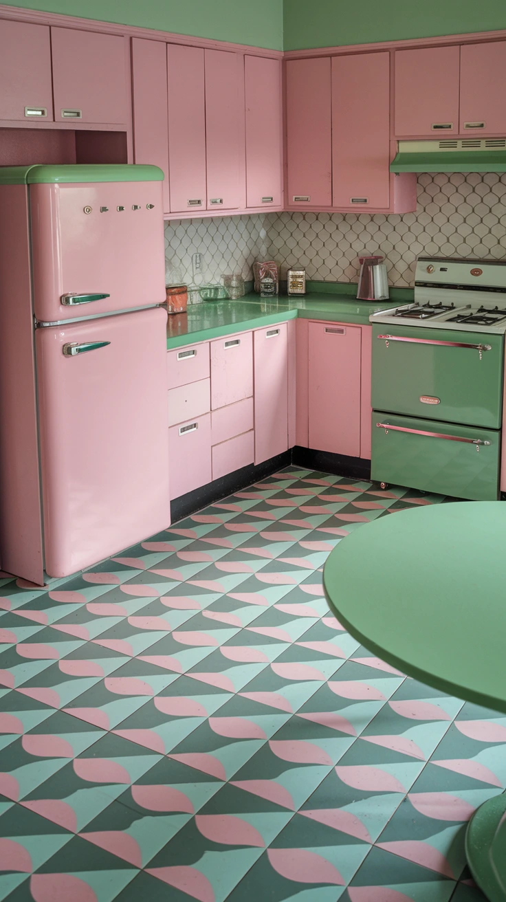 Boomerang pattern flooring, 1950s inspired design, retro kitchen style, curved shapes, vintage look, playful aesthetic, mid-century modern, unique floor pattern, nostalgic charm, eye-catching design