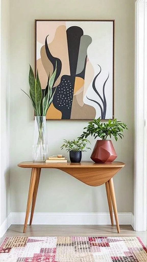 Boomerang table, mid-century modern design, retro side table, quirky furniture, organic shape, hallway accent, plant stand, vintage style, space-age aesthetic, functional art