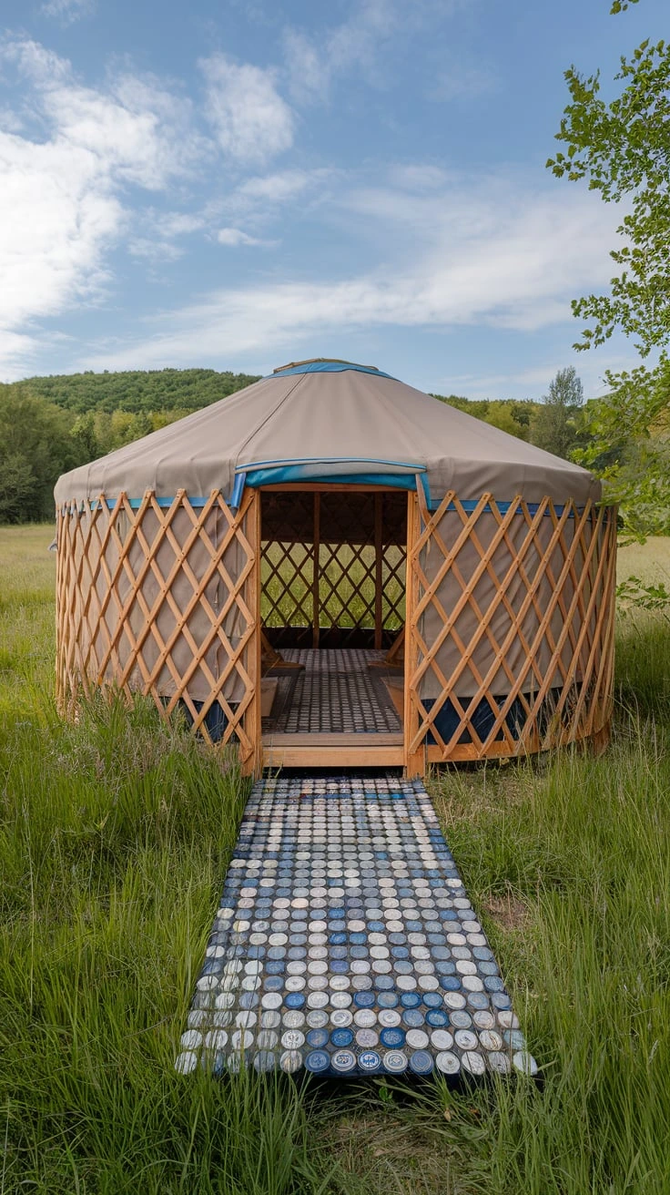 Bottle cap flooring in yurt, creative, upcycled, colorful, unique, customizable, durable, long-lasting, epoxy-sealed, eco-friendly, conversation starter