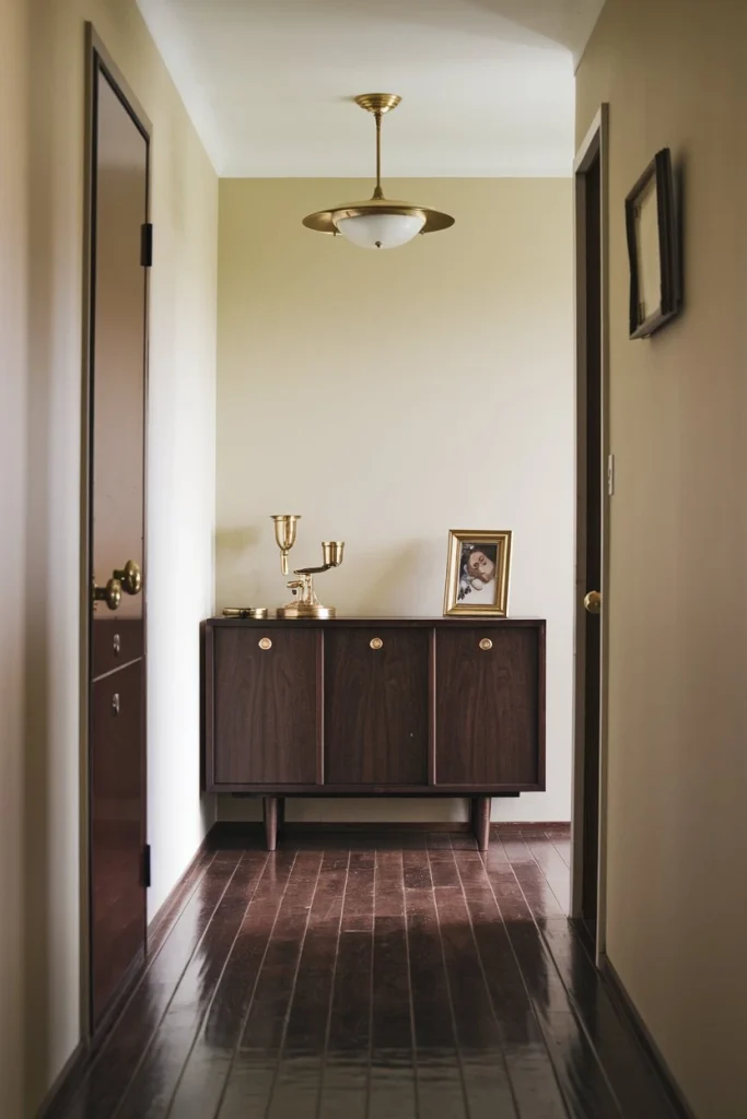 Brass accents, mid-century modern details, metallic finishes, vintage hardware, retro touches, hallway decor, warm tones, sophisticated style, decorative elements, timeless appeal