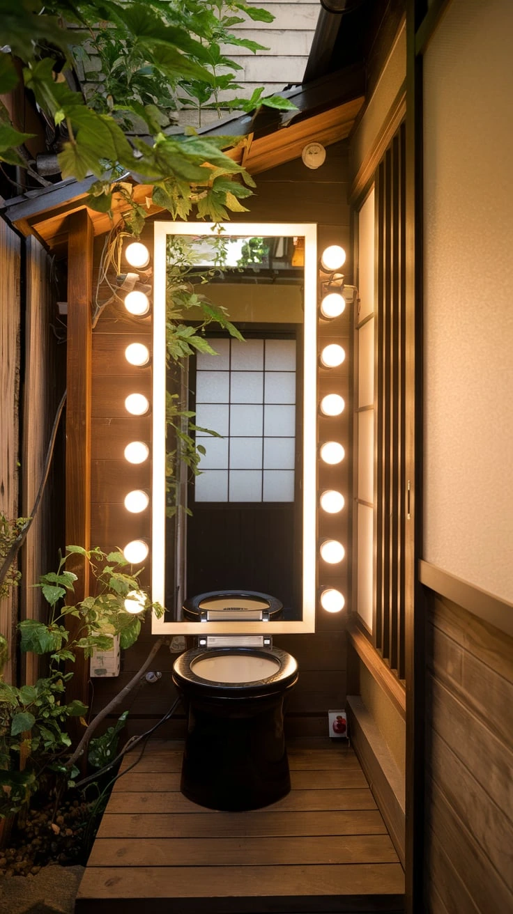 LED-lit mirror, frameless design, Japanese bathroom, enhanced lighting, minimalist, functional