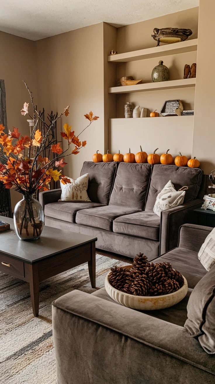 Grey couch with fall foliage, autumn branches, natural decor, seasonal elements, indoor greenery, rustic accents, organic textures, warm colors, cozy atmosphere, living room style