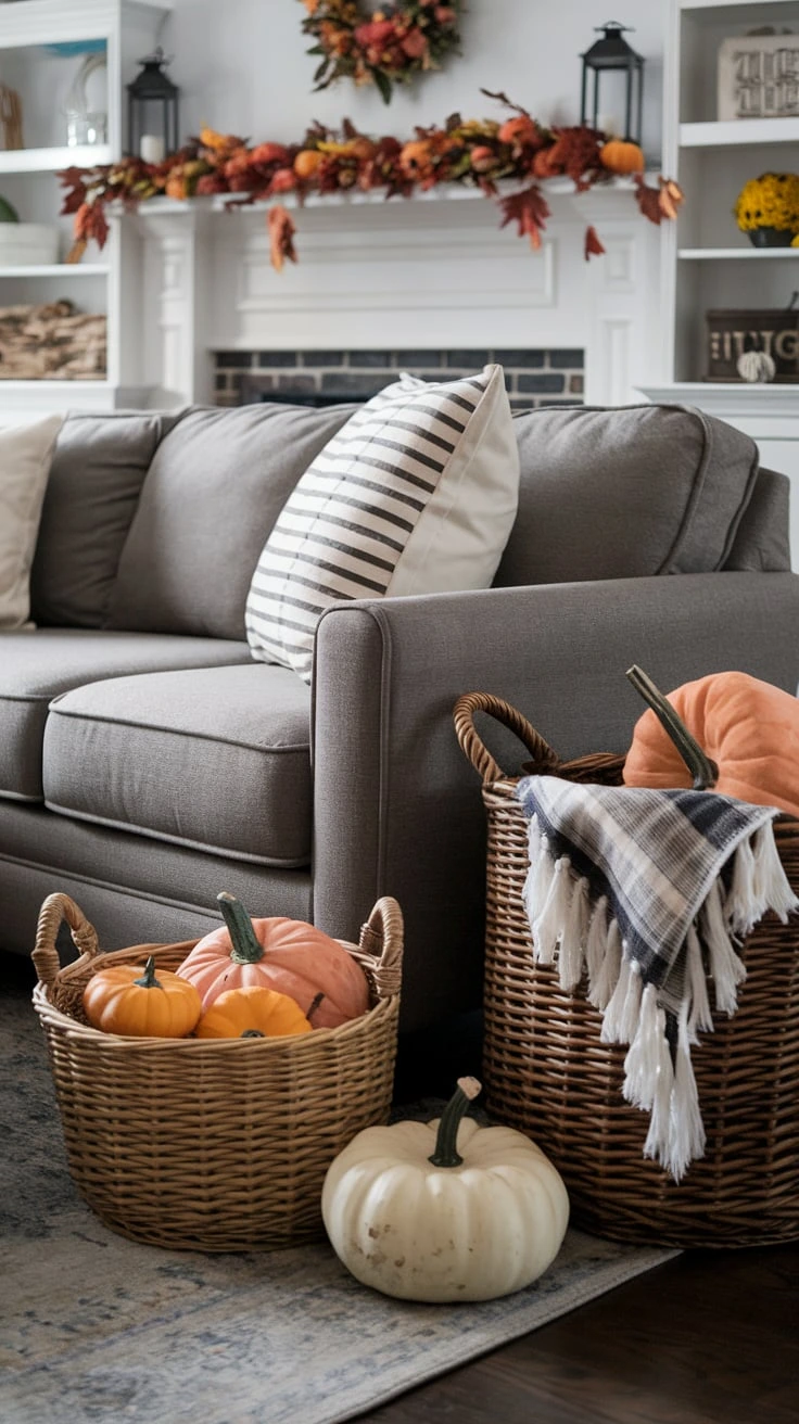 Grey couch with autumn baskets, fall storage, seasonal organization, cozy containers, living room decor, rustic accents, warm textures, inviting space, practical solutions, natural elements