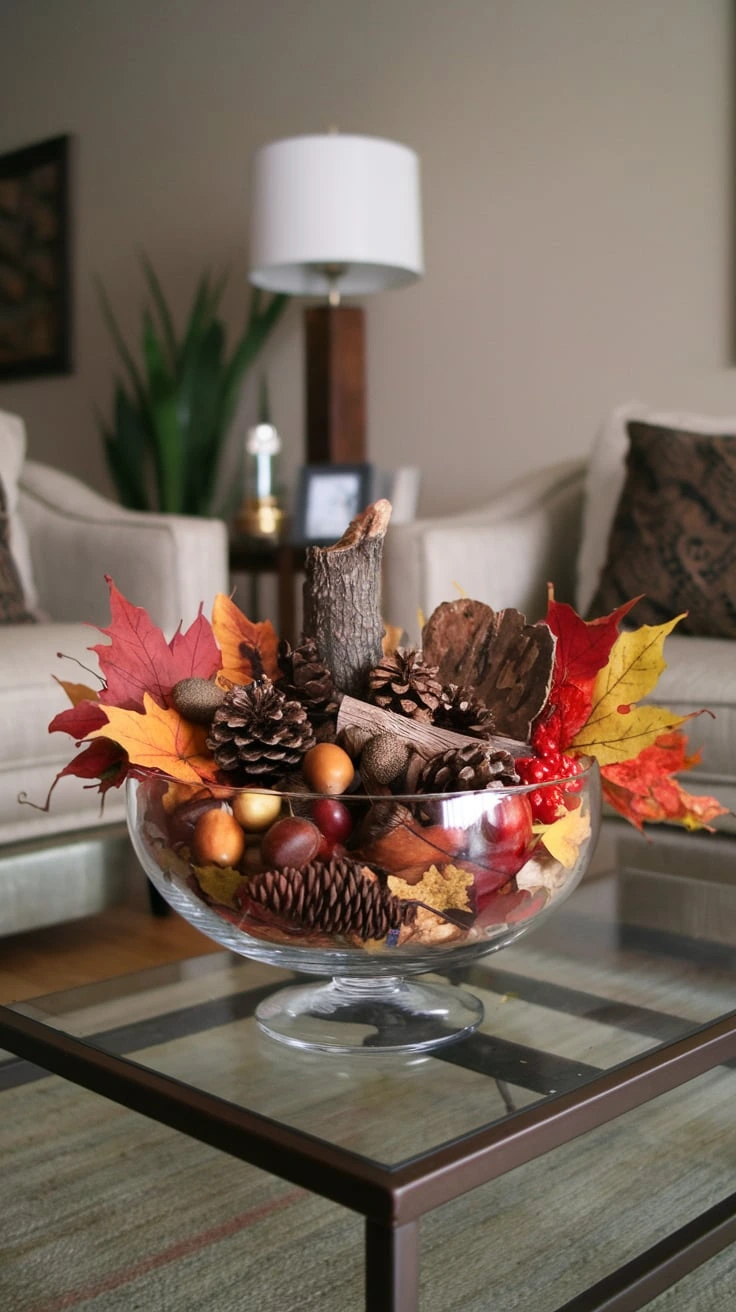 Natural elements fall decor leaves pinecones acorns twigs terrarium seasonal display