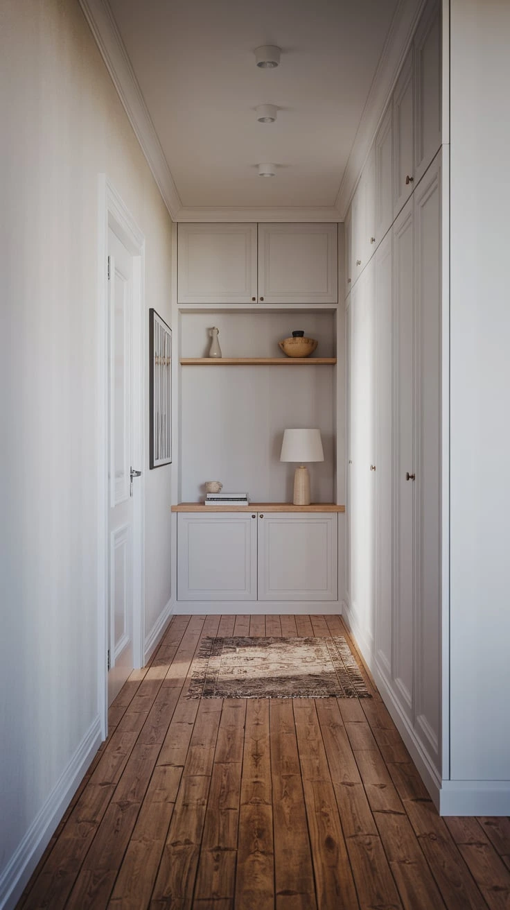 Custom built-in storage, Scandinavian organization solution, Nordic hallway design, minimalist cabinetry, sleek hidden storage, clean-lined furniture, space-efficient storage