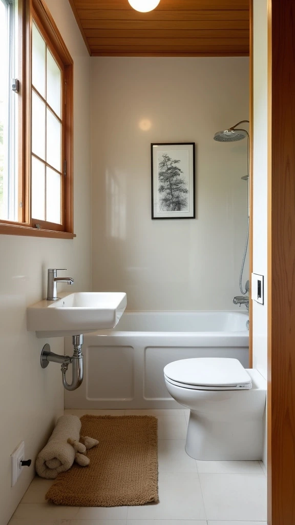 Soft white walls, light grey accents, earth tones, Japanese-inspired color palette, serene bathroom