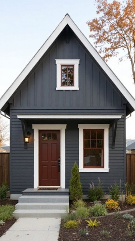 Charcoal gray house, contemporary, modern, bold, dramatic, sophisticated, sleek, edgy, striking, urban