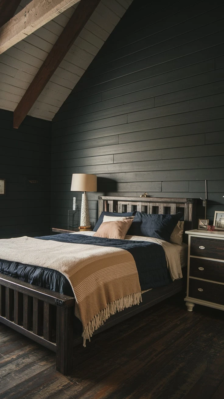 Dark rustic bedroom with charcoal shiplap walls, wooden beams, cozy bedding, rustic decor, moody ambiance, textured surfaces, farmhouse style, intimate atmosphere, contrast lighting, natural elements