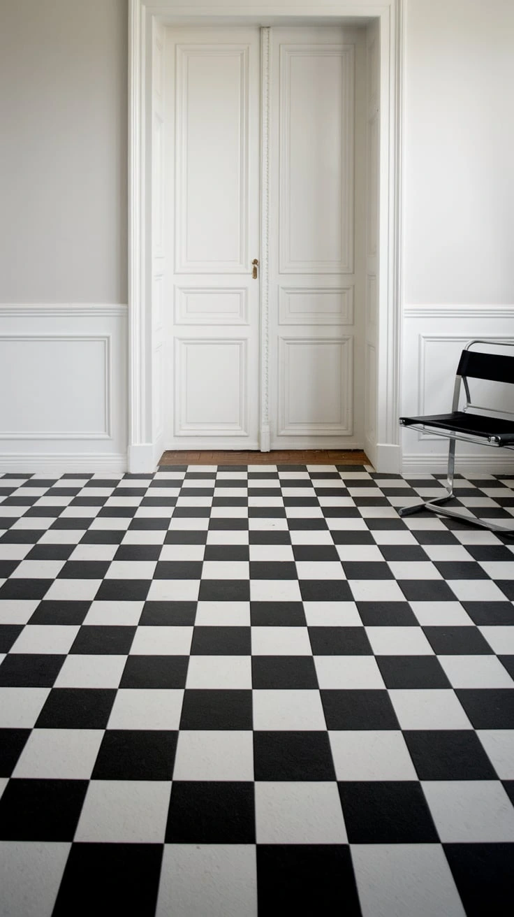 Checkerboard pattern flooring, classic design, black and white, retro, bold, geometric, playful, kitchen, home character, interior contrast