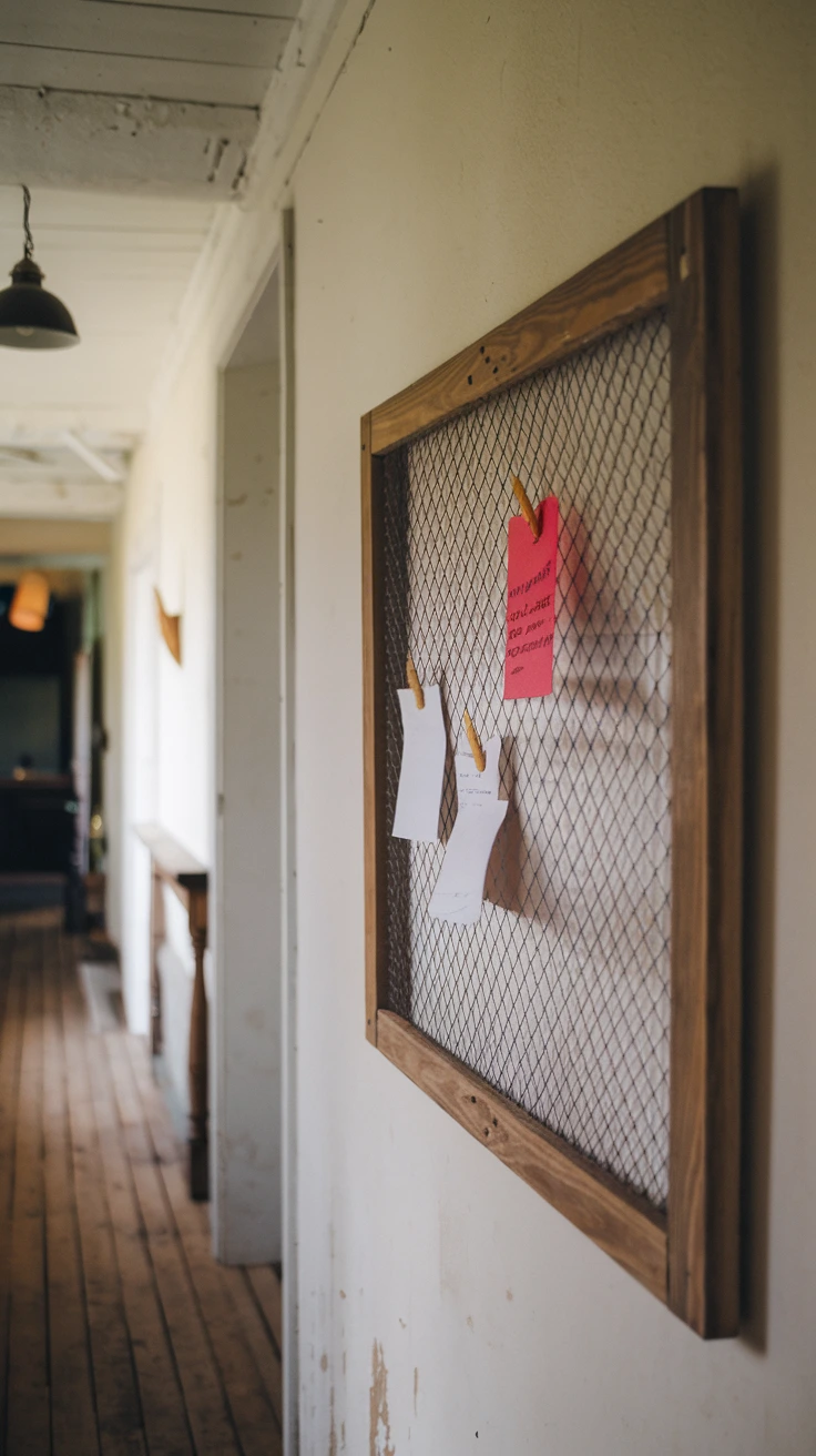 DIY chicken wire memo board, rustic office organizer, farmhouse wall decor, vintage-inspired bulletin board