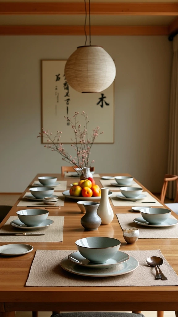 Minimalist table setting, Japanese dishware, earth-toned plates, simple centerpiece, uncluttered dining, zen table decor, natural elements, elegant simplicity, harmonious arrangement, mindful dining