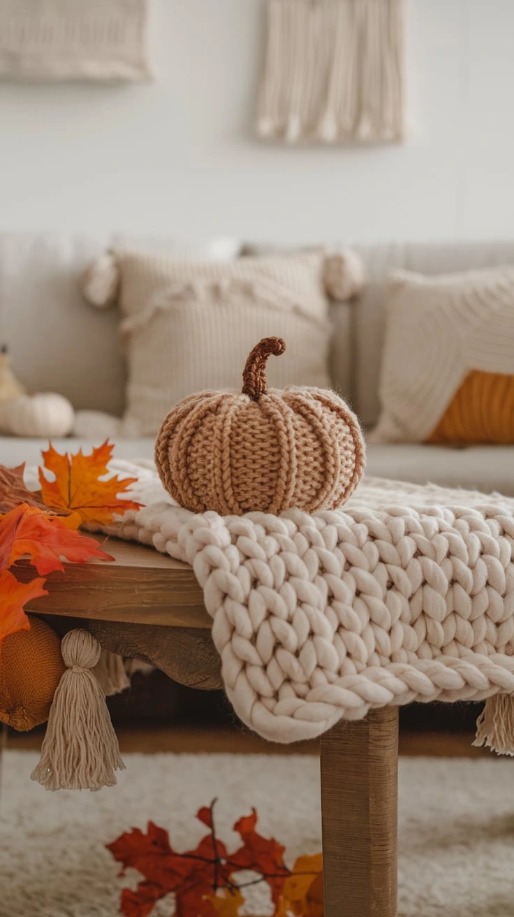 Chunky knit decor cozy autumn texture pumpkin blanket runner cable knit