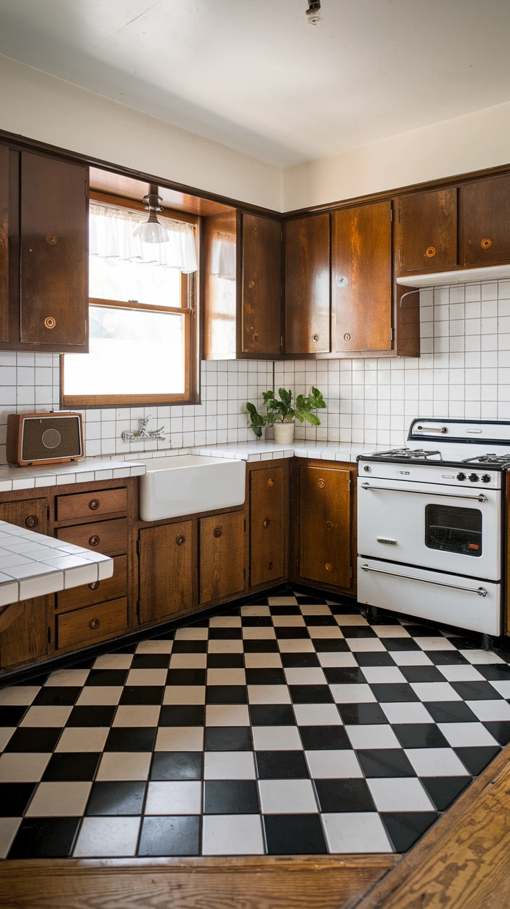 Classic checkerboard kitchen floor, black and white tiles, retro design, vintage style, durable flooring, high-contrast pattern, timeless look, easy maintenance, versatile decor, 1950s inspired