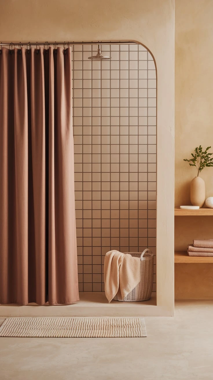 Clay-colored shower curtain, earthy bathroom textile, warm bathroom accent, natural color scheme, rustic shower decor, organic bathroom design, neutral curtain, earth tone fabric, cozy bathroom element, nature-inspired curtain