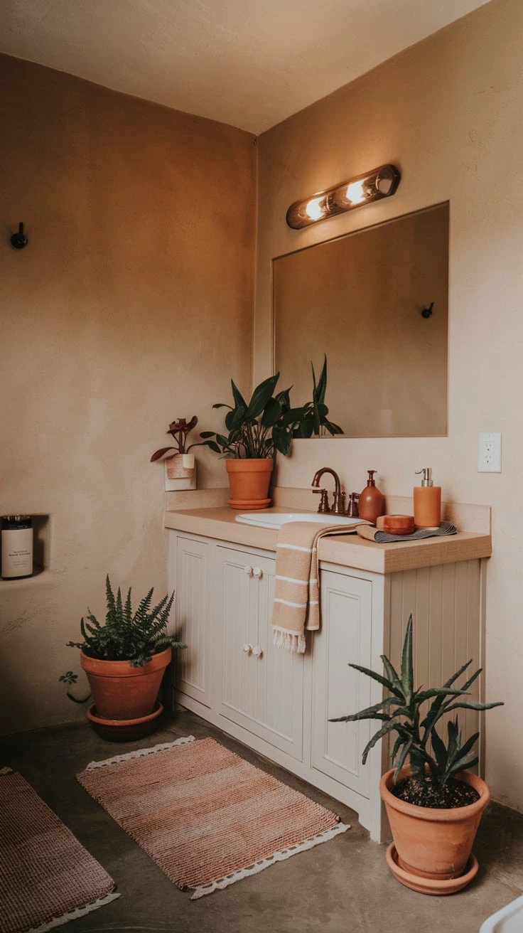 Clay pots for plants, terracotta bathroom decor, natural plant containers, earthy bathroom greenery, rustic potted plants, organic bathroom elements, warm-toned planters, bathroom flora accents, eco-friendly decor, biophilic design