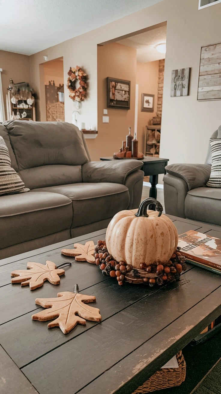 Grey couch with autumn coasters, fall drink accessories, seasonal tableware, cozy details, living room style, practical decor, warm colors, inviting space, functional touches, home accents