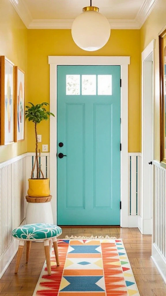 Colorful door, mid-century modern design, bold paint color, retro interior, statement piece, hallway focal point, vibrant accent, vintage charm, pop of color, architectural feature