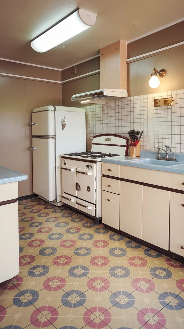 Colorful linoleum flooring, vibrant patterns, retro kitchen design, durable material, affordable option, easy cleaning, vintage-inspired, 1950s style, bold colors, geometric shapes