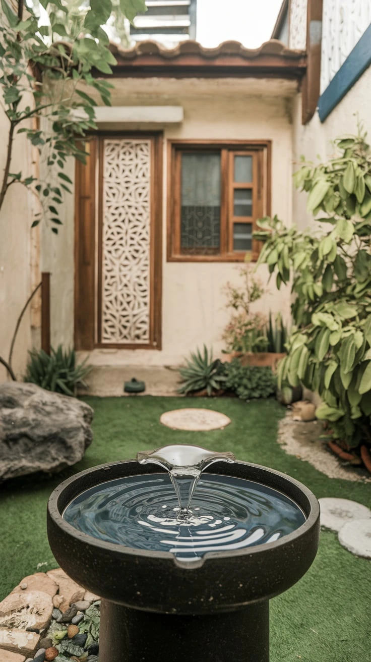 Small fountain, tabletop water feature, wall-mounted waterfall, mini pond, zen garden element, soothing water sound, compact water garden, decorative water bowl, indoor water feature, balcony fountain