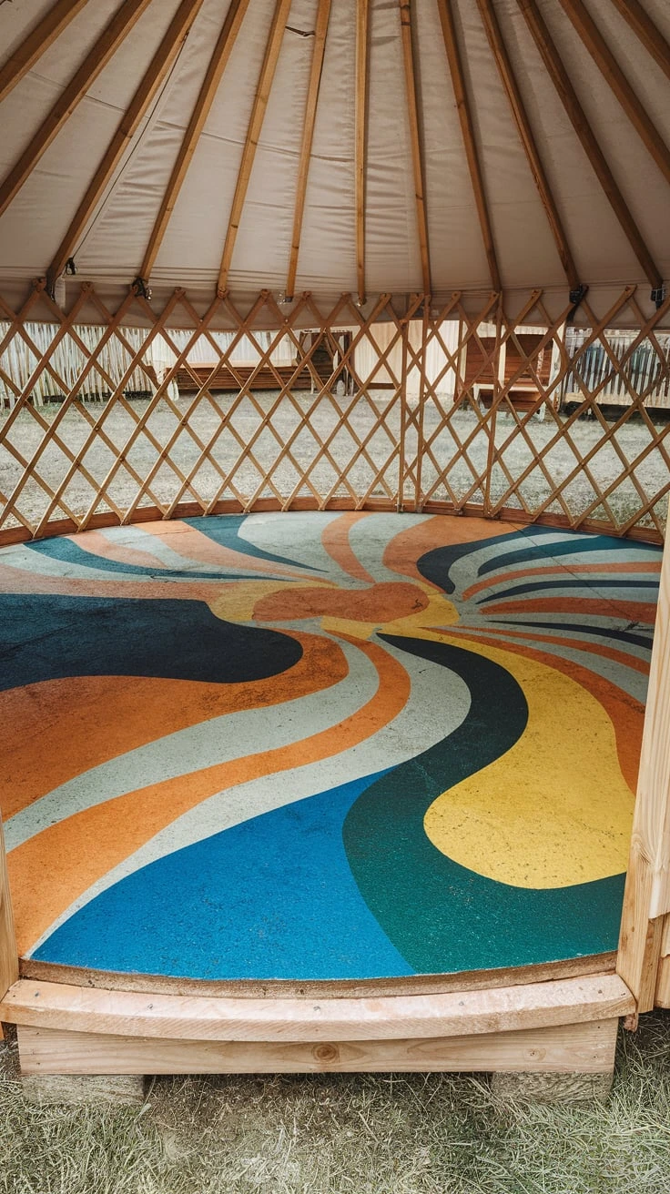 Stained concrete flooring in yurt, modern, customizable, durable, low-maintenance, sleek, contemporary, radiant heating compatible, smooth, seamless, versatile