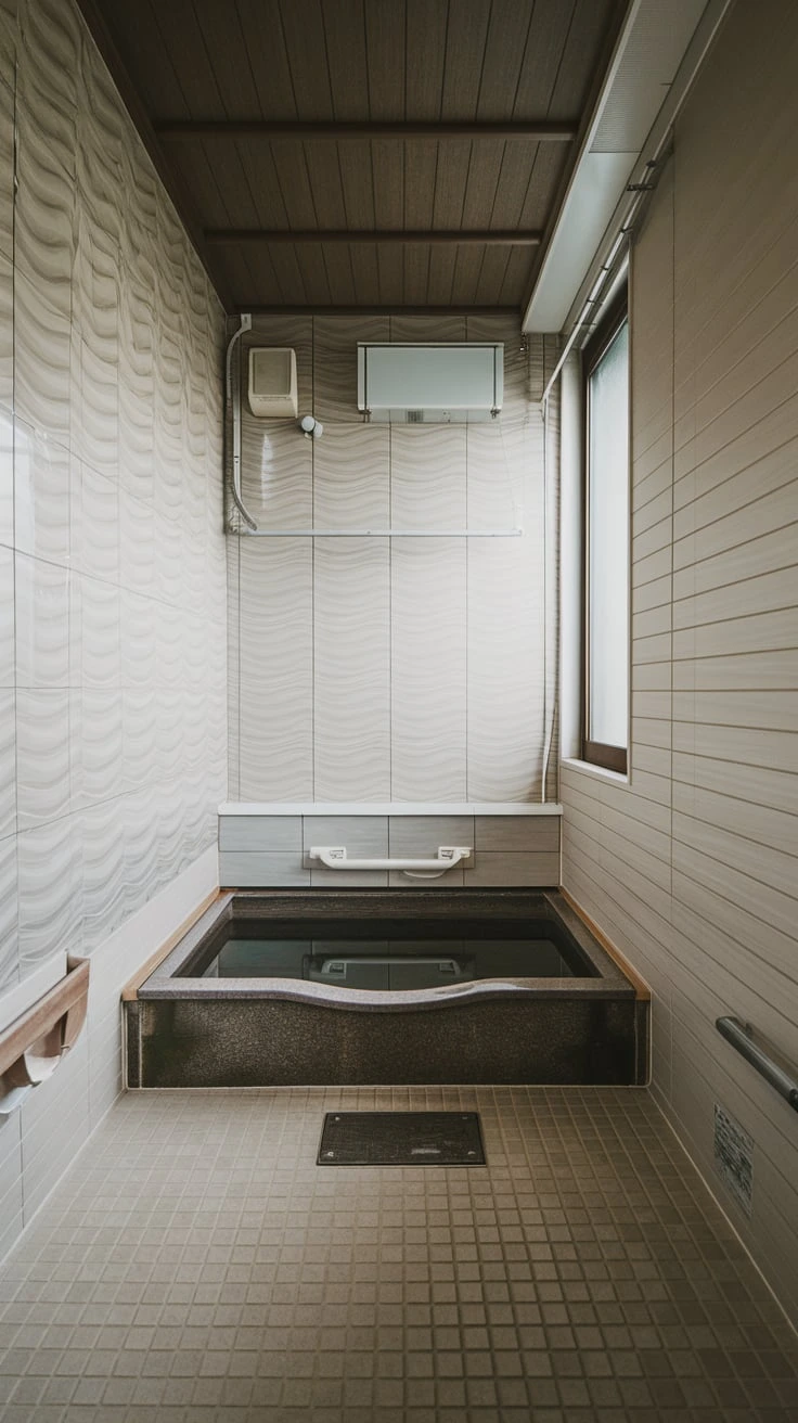 Large format tiles, subtle pattern, calm colors, Japanese-inspired, bathroom wall, serene atmosphere