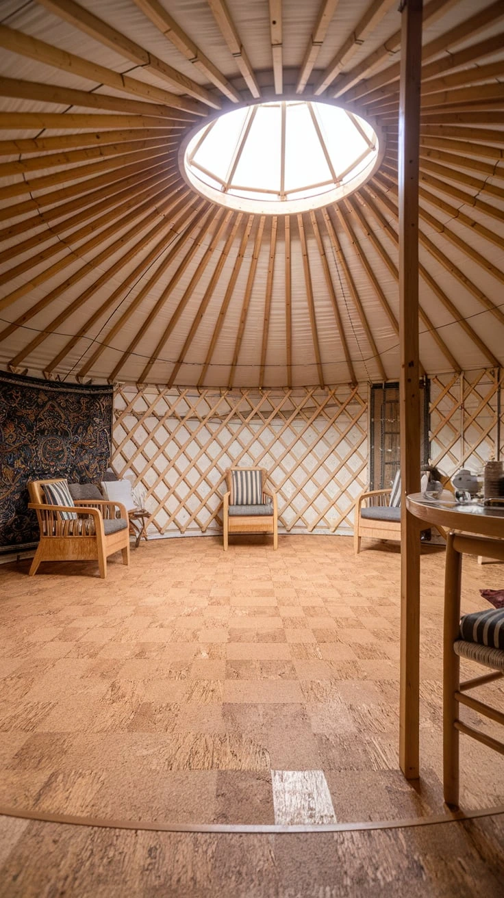 Cork flooring in yurt, comfortable, insulating, sound-dampening, eco-friendly, sustainable, cushioning, temperature-regulating, natural, peaceful, low-impact