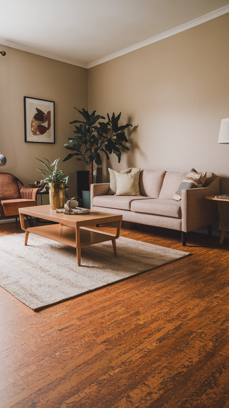 Cork living room flooring soft warm sound-insulating antimicrobial hypoallergenic eco-friendly comfortable