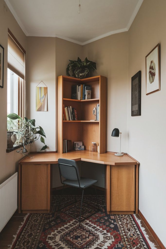 Corner furniture space-maximizing angled-desk reading-nook triangular-shelving compact-living room-layout efficiency