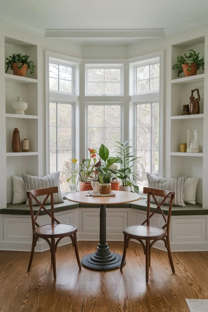 Cozy breakfast nook with casual dining space, kitchen addition, space-saving design, built-in seating, natural light, family gathering spot, efficient use of space, window views, intimate dining area, charming interior