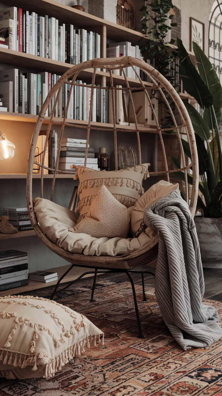 Cozy reading nook rustic chair boho pillows blankets soft light comfort