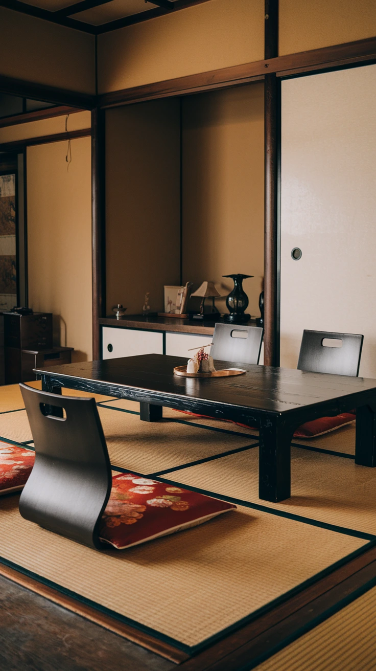 Japanese room zoning, multifunctional space, open plan living, tatami area, dining zone, flexible layout, harmonious design, space optimization, balanced interiors, zen-inspired organization