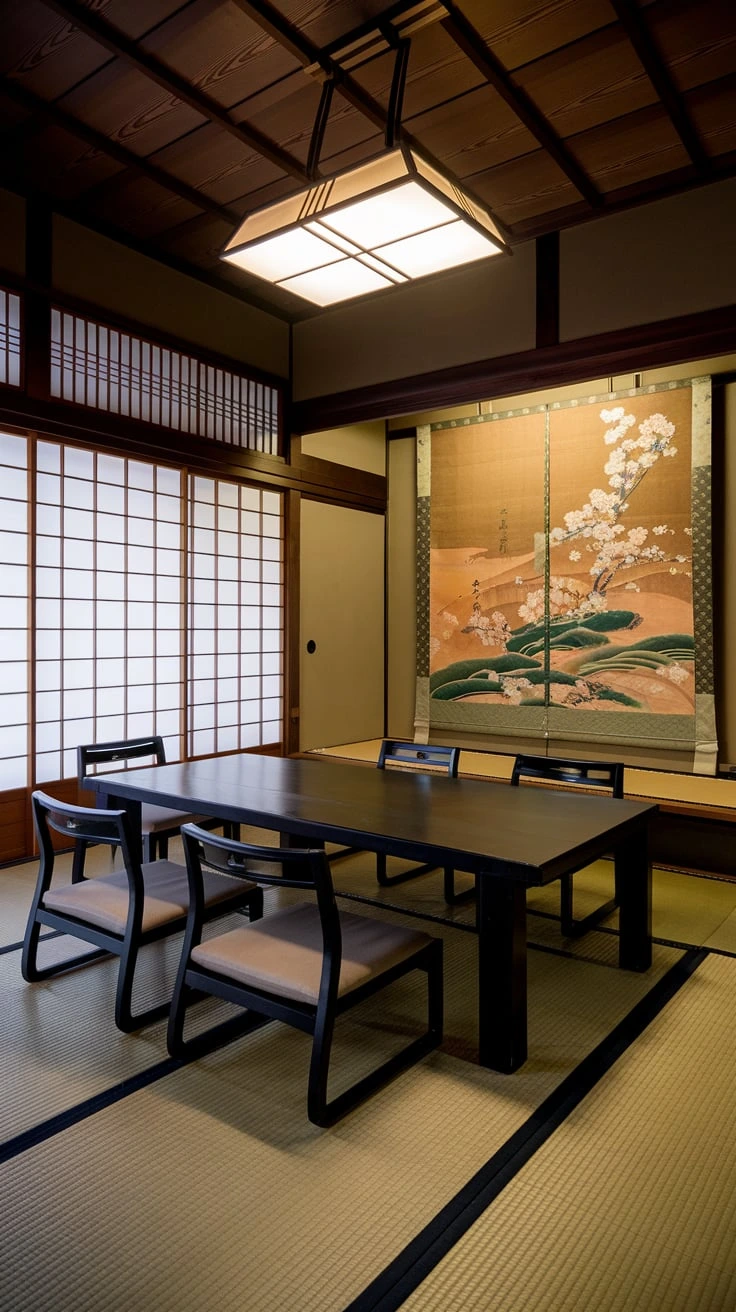 Japanese art focal point, calligraphy, statement lighting, artistic elements, cultural accents, visual interest, authentic decor, eye-catching design, traditional Japanese aesthetics, balanced composition