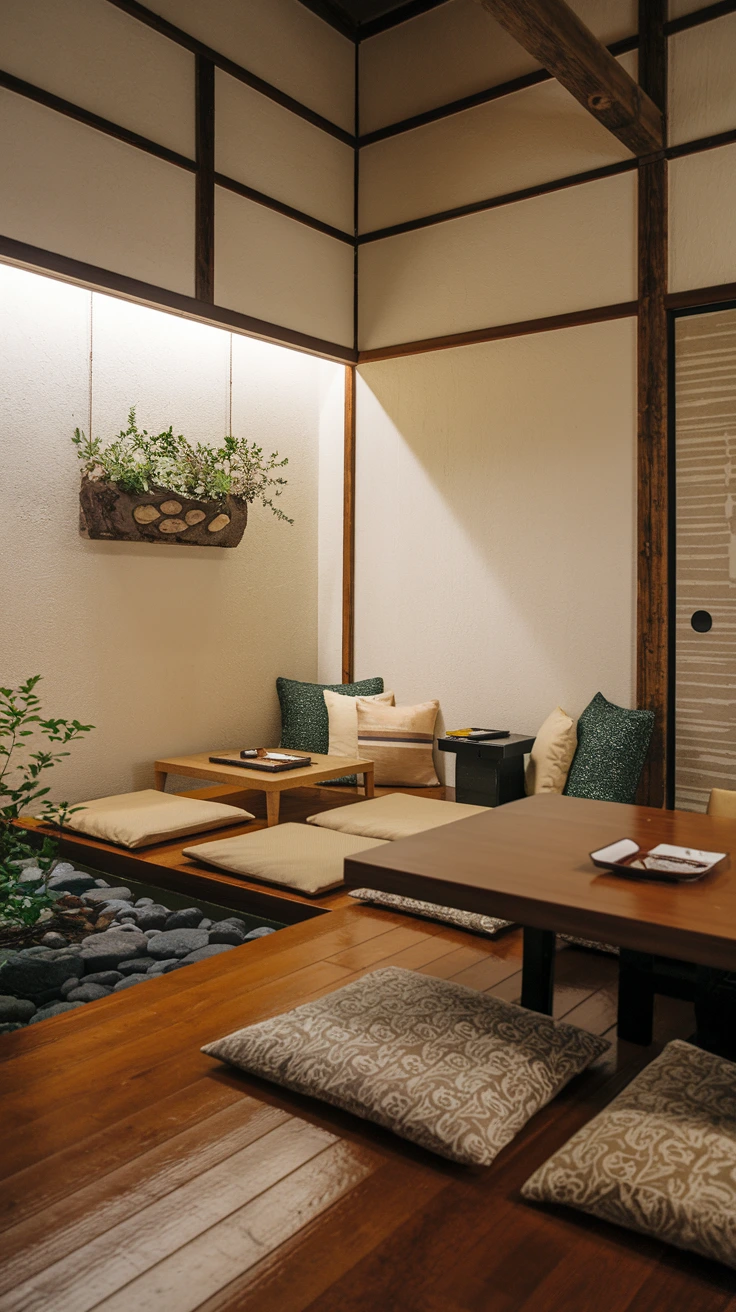 Japanese relaxation nook, meditation corner, zen space, peaceful retreat, minimalist seating, natural elements, calming decor, mindful design, tranquil atmosphere, personal sanctuary