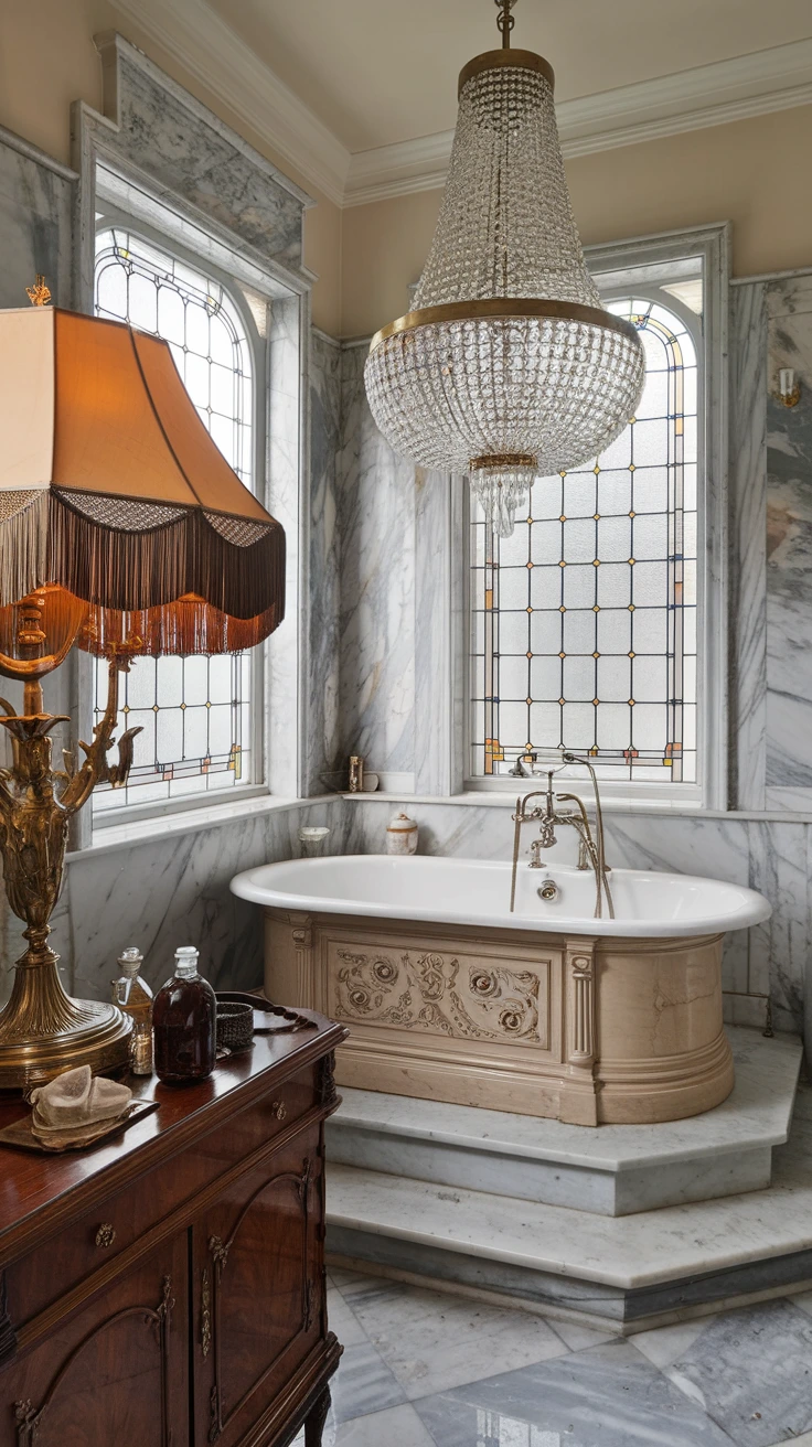 Crystal chandelier, luxury bathroom lighting, Victorian-era illumination, elegant ceiling fixture, sparkling decor, sophisticated ambiance, vintage-inspired design, glamorous bathroom, ornate lighting, period-appropriate