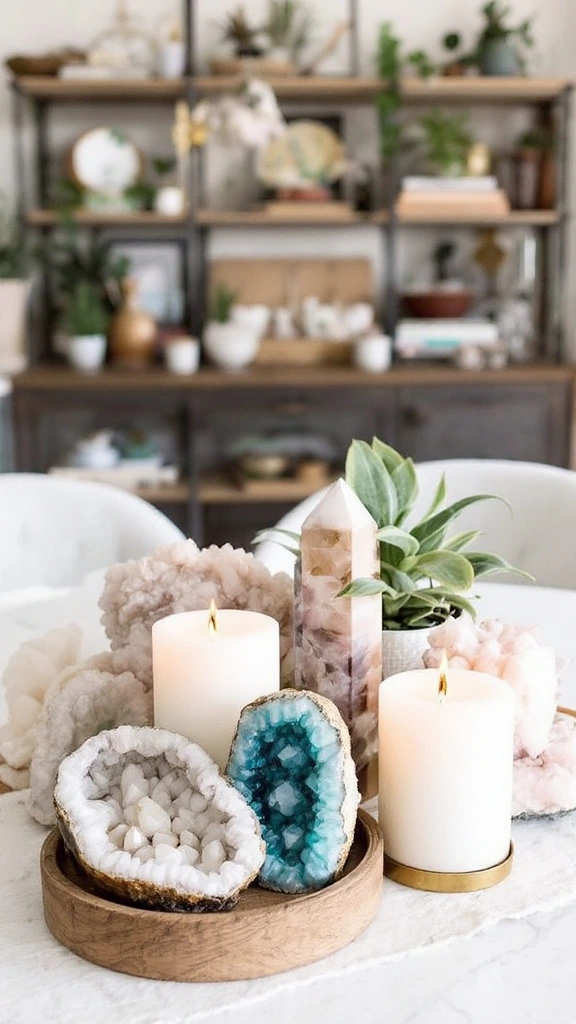 Natural crystal decor, geode centerpieces, earthy elements, mystical touches, bohemian accents, mineral displays, organic shapes, colorful stones, spiritual vibes, table decorations