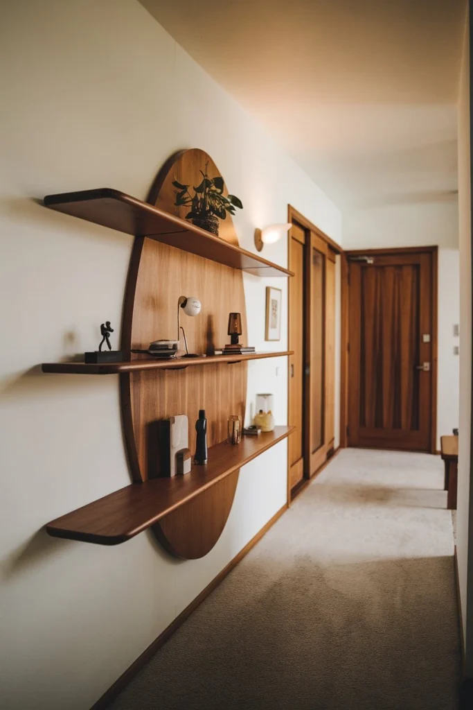 Curved wall shelf, mid-century modern storage, organic shape, retro decor, floating display, hallway accent, vintage style, functional art, unique design, space-saving solution