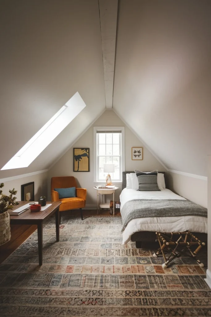 DIY attic bedroom conversion with skylights, insulation, cozy space, sloped ceiling design, storage solutions, natural light, space-saving furniture, loft-style living, rustic charm, increased home value