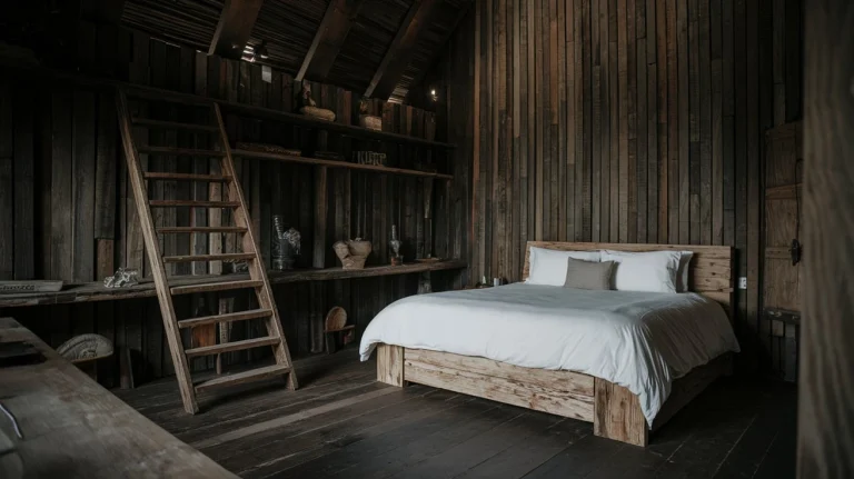 dark rustic bedroom, cozy bedroom decor, rustic wood furniture, moody bedroom design, natural textures in bedroom, warm bedroom lighting, dark wood accents