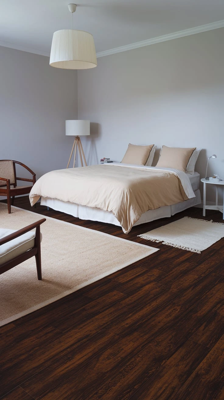 Dark walnut flooring, rich brown, sophisticated, elegant, modern, luxurious, wood grain, bedroom, home improvement, interior style