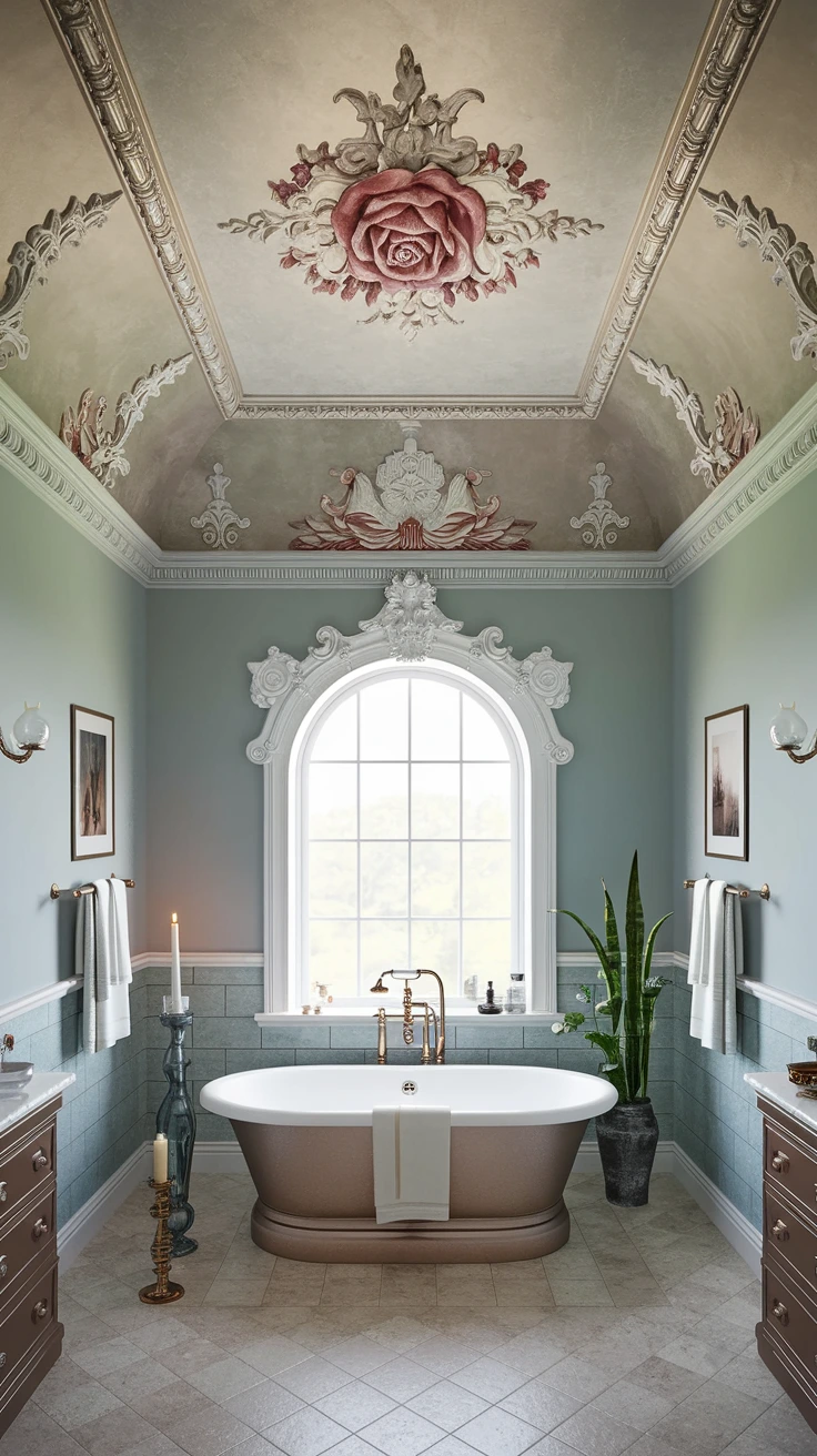 Decorative plasterwork, ornate ceiling designs, Victorian architectural details, luxury bathroom ceilings, intricate cornices, period-appropriate moldings, elegant interior finishes, historical accuracy, lavish room accents, craftsmanship