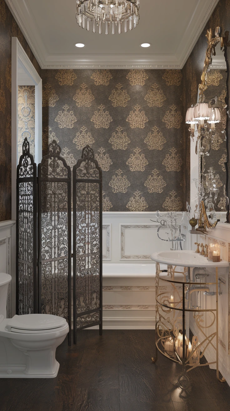 Decorative room divider, Victorian bathroom privacy, luxury folding screen, vintage-inspired partition, elegant bathroom furniture, period-appropriate decor, ornate room separator, classic design element, sophisticated space division, functional art piece